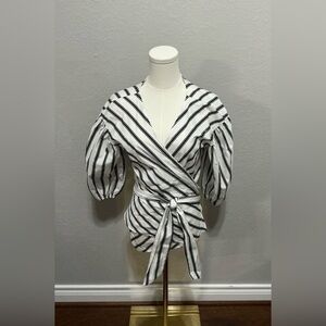 White House Black Market Black and White Striped Wrap Top
